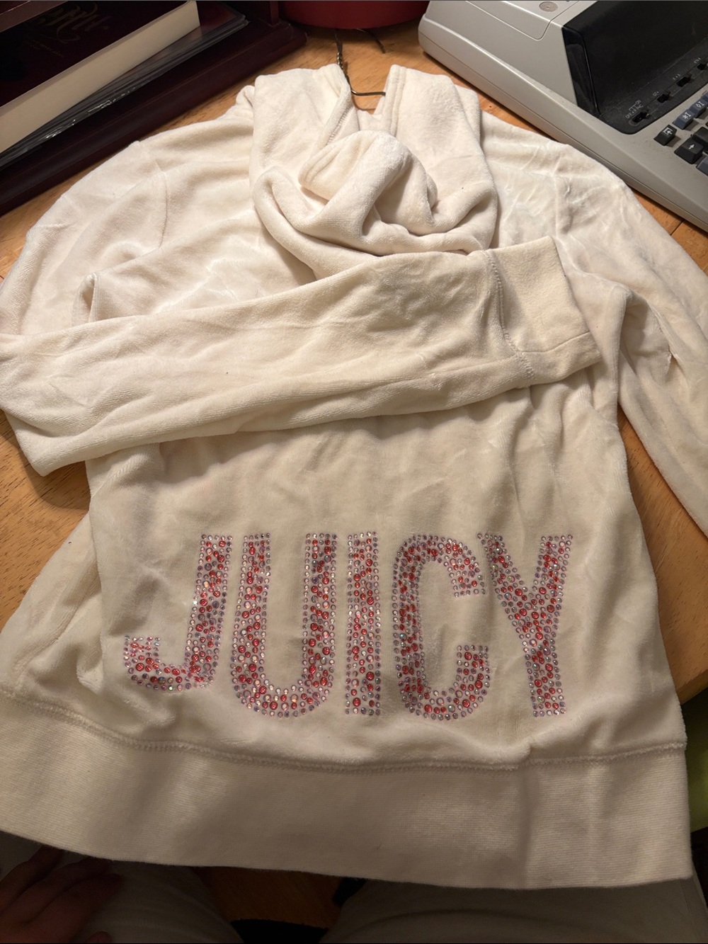 Juicy Couture Cream Velour Hoodie with Pink & Clear Rhinestone JUICY Logo